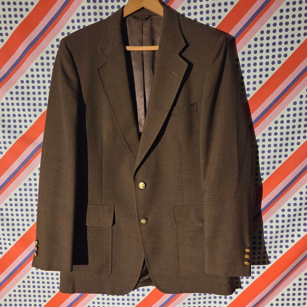 Vintage 1970s John Weitz Palm Beach Brown Blazer Brass Buttons Retro Large